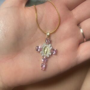 Gold Cross Pendant Necklace with Pink Gemstones